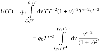 \appendix \setcounter{section}{2} \begin{eqnarray} \label{impltimecalc4} U(T) = q_0\intl_{\xi_2/T}^{\xi_1/T}\td{v}TT^{-2}(1+v)^{-2}T^{s-2}v^{s-2} \nonumber \\ = q_0 T^{s-3}\intl_{(\gamma_2 T)^{-1}}^{(\gamma_1 T)^{-1}} \td{v}\frac{v^{s-2}}{(1+v)^2}, \end{eqnarray}