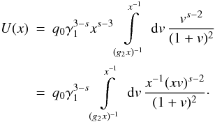 \appendix \setcounter{section}{2} \begin{eqnarray} \label{impltimecalc5} U(x) &=& q_0\gamma_{1}^{3-s}x^{s-3}\intl_{(g_2 x)^{-1}}^{x^{-1}}\td{v}\frac{v^{s-2}}{(1+v)^2} \nonumber \\ &=& q_0\gamma_1^{3-s}\intl_{(g_2 x)^{-1}}^{x^{-1}} \td{v} \frac{x^{-1}(xv)^{s-2}}{(1+v)^2}\cdot \end{eqnarray}