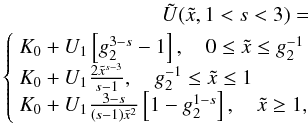 \appendix \setcounter{section}{4} \begin{eqnarray} \label{app:implussol2}\Us(\xc,1<s<3) = \nonumber \\ \left\{ \begin{array}{ll} K_0+U_1 \left[ g_2^{3-s}-1 \right], \quad 0\leq \xc\leq g_2^{-1} \\ K_0+U_1 \frac{2\xc^{s-3}}{s-1}, \quad g_2^{-1}\leq \xc\leq 1 \\ K_0+U_1 \frac{3-s}{(s-1)\xc^2}\left[ 1-g_2^{1-s} \right], \quad \xc\geq 1, \end{array} \right. \end{eqnarray}