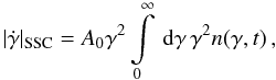 \begin{eqnarray} \label{ssccool} |\dot{\gamma}|_{\rm SSC}=A_0\gamma^2\intl_{0}^{\infty}\td{\gamma}\gamma^2n(\gamma,t) \, , \end{eqnarray}