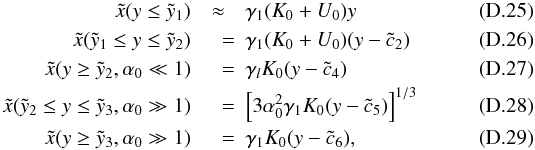 \appendix \setcounter{section}{4} \begin{eqnarray} \xc(y\leq\yc_1)&\approx& \gamma_1 (K_0+U_0) y \\ \xc(\yc_1\leq y\leq\yc_2) &\quad =& \gamma_1 (K_0+U_0) (y-\cc_2) \\ \xc(y\geq\yc_2,\alpha_0\ll 1) &\quad =& \gamma_l K_0 (y-\cc_4) \\ \xc(\yc_2\leq y\leq\yc_3,\alpha_0\gg 1) &\quad =& \left[ 3\alpha_0^2\gamma_1K_0(y-\cc_5) \right]^{1/3} \\ \xc(y\geq\yc_3,\alpha_0\gg 1) &\quad =& \gamma_1K_0(y-\cc_6), \end{eqnarray}