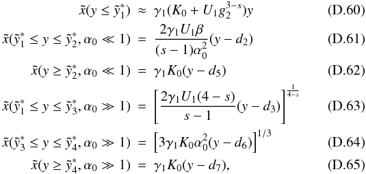 \appendix \setcounter{section}{4} \begin{eqnarray} \xc(y\leq\ys_1) &\approx& \gamma_1(K_0+U_1g_2^{3-s})y \\ \xc(\ys_1\leq y\leq\ys_2,\alpha_0\ll 1) &=& \frac{2\gamma_1U_1\beta}{(s-1)\alpha_0^2}(y-d_2) \\ \xc(y\geq\ys_2,\alpha_0\ll 1) &=& \gamma_1K_0(y-d_5) \\ \xc(\ys_1\leq y\leq\ys_3,\alpha_0\gg 1) &=& \left[ \frac{2\gamma_1U_1(4-s)}{s-1}(y-d_3) \right]^{\frac{1}{4-s}} \\ \xc(\ys_3\leq y\leq\ys_4,\alpha_0\gg 1) &=& \left[ 3\gamma_1K_0\alpha_0^2(y-d_6) \right]^{1/3} \\ \xc(y\geq\ys_4,\alpha_0\gg 1) &=& \gamma_1K_0(y-d_7), \end{eqnarray}
