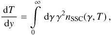 \begin{eqnarray} \label{impltimevariab} \frac{\td{T}}{\td{y}}=\intl_{0}^{\infty}\td{\gamma}\gamma^{2}n_{\rm SSC}(\gamma,T)\, , \end{eqnarray}