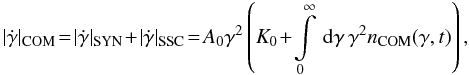 \begin{eqnarray} \label{comcool} |\dot{\gamma}|_{\rm COM}\!=\! |\dot{\gamma}|_{\rm SYN}\!+\!|\dot{\gamma}|_{\rm SSC} \!=\!A_0\gamma^2\left( K_0\!+\!\intl_0^{\infty}\td{\gamma}\gamma^2 n_{\rm COM}(\gamma,t) \right), \end{eqnarray}