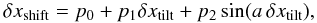 \begin{equation} \label{eq:linesine2} \delta x_{\rm shift} = p_0 + p_1\delta x_{\rm tilt} + p_2\sin(a\, \delta x_{\rm tilt}), \end{equation}