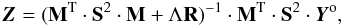 \begin{equation} \vec{Z} = (\mathbf{M}^{\rm T} \cdot \mathbf{S}^2 \cdot \mathbf{M} + \Lambda \mathbf{R})^{-1} \cdot \mathbf{M}^{\rm T} \cdot \mathbf{S}^2 \cdot \vec{Y}^{\rm o}, \label{eq:rlsd} \end{equation}