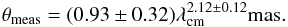\begin{equation} \theta_{\rm meas} = (0.93\pm0.32) \lambda_{\rm cm}^{2.12\pm0.12} {\rm mas}. \label{eqno3} \end{equation}