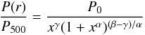 \begin{equation} \label{cluster_profile} {P(r) \over P_{500}} = {P_0 \over x^\gamma (1 + x^\alpha)^{(\beta-\gamma)/\alpha}} \end{equation}