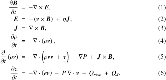 \begin{eqnarray} \label{numeq1}\frac{\partial \vec{B}}{\partial t} & = & - \nabla \times \vec{E}, \\ \label{numeq2}\vec{E} & = & -\left( \vec{v} \times \vec{B} \right) \: + \: \eta \vec{J}, \\ \label{numeq3}\vec{J} & = & \nabla \times \vec{B}, \\ \label{numeq4}\frac{\partial \rho}{\partial t} & = & - \nabla \cdot \left( \rho \vec{v} \right), \\ \label{numeq5}\frac{\partial}{\partial t}\left( \rho \vec{v} \right) & = & - \nabla \cdot \left( \rho \vec{v} \vec{v} \: + \: {\underline {\underline \tau}} \right) \: - \: \nabla P \: + \: \vec{J} \times \vec{B}, \\ \label{numeq6}\frac{\partial e}{\partial t} & = & -\nabla \cdot \left( e \vec{v} \right) \: - \: P \: \nabla \cdot \vec{v} \: + \: Q_{\rm visc} \: + \: Q_{J} , \end{eqnarray}