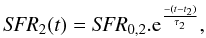 \begin{equation} {\it SFR}_ {2}(t) = {\it SFR}_{0, 2}.{\rm e}^{\frac{-(t-t_2)}{\tau_{2}}}, \end{equation}