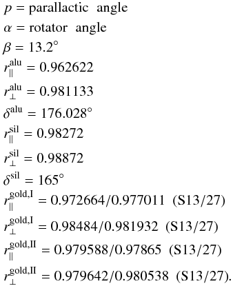 \appendix \setcounter{section}{1} \begin{eqnarray} && p = \rm{parallactic} \hspace{0.2 cm} \rm{angle} \nonumber \\ && \alpha = \rm{rotator} \hspace{0.2 cm} \rm{angle} \nonumber \\ && \beta = { 13.2^{\circ}} \nonumber \\ && r_{\parallel}^{\rm alu} = 0.962622 \nonumber \\ && r_{\perp}^{\rm alu} = 0.981133 \nonumber \\ && \delta^{\rm alu} = 176.028^{\circ} \nonumber \\ && r_{\parallel}^{\rm sil} = 0.98272 \nonumber \\ && r_{\perp}^{\rm sil} = 0.98872 \nonumber \\ && \delta^{\rm sil} = 165^{\circ} \nonumber \\ && r_{\parallel}^{{\rm gold, I}} = 0.972664/0.977011 \hspace{0.2 cm} \rm{(S13/27)} \nonumber \\ && r_{\perp}^{{\rm gold, I}} = 0.98484/0.981932 \hspace{0.2 cm} \rm{(S13/27)} \nonumber \\ && r_{\parallel}^{{\rm gold, II}} = 0.979588/0.97865 \hspace{0.2 cm} \rm{(S13/27)} \nonumber \\ && r_{\perp}^{{\rm gold, II}} = 0.979642/0.980538 \hspace{0.2 cm} \rm{(S13/27)}. \end{eqnarray}