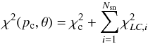 \appendix \setcounter{section}{1} \begin{equation} \chi^2(p_{\rm c}, \theta) = \chi^2_{\rm c} + \sum_{i=1}^{N_{\rm sn}} \chi^2_{LC,i} \label{eq:chi2g} \end{equation}