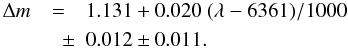 \begin{eqnarray} \label{dm:equ}\Delta m & = & 1.131 + 0.020~(\lambda - 6361)/1000 \\ &\quad \pm & 0.012 \pm 0.011. \nonumber \end{eqnarray}