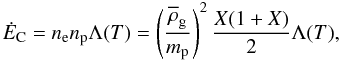 \begin{equation} \label{collrate} \EC=n_{\rm e}n_{\rm p} \LT=\left(\frac{\rhogasmean}{\mpr}\right)^2 \frac{X(1+X)}{2}\LT, \end{equation}