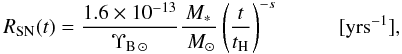 \appendix \setcounter{section}{1} \begin{equation} \label{RSN} \RSN(t)=\frac{1.6 \times 10^{-13}}{\NBsun}\frac{M_*}{\Msun} \left(\frac{t}{t_{\rm H}}\right)^{-s} \;\;\;\qquad[\yrs^{-1}], \end{equation}