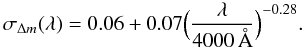 \begin{equation} \sigma_{\Delta m}(\lambda) = 0.06 + 0.07 \Big(\frac{\lambda}{4000\,\mbox{\AA}}\Big)^{-0.28}. \label{eqn:sigma} \end{equation}