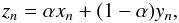\begin{equation} z_n=\alpha x_n + (1-\alpha) y_n, \end{equation}