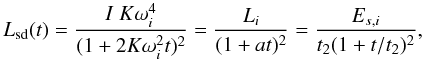 \begin{equation} \label{Lsd} L_{\rm sd} (t) = \frac{I~K \omega^4_i}{(1+2 K\omega^2_i t)^2} = \frac{L_i}{(1+at)^2} = \frac{E_{s,i}} {t_2 (1+t/t_2)^2}, \end{equation}