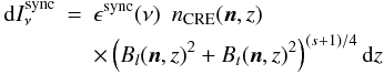 \begin{eqnarray} \mathrm{d}I^{\rm sync}_{\nu} &=& \epsilon^{\rm sync} (\nu) \ \ n_\mathrm{CRE}(\mathrm{\vec{n}},z) \\ \nonumber &&\times \left(B_l(\mathrm{\vec{n}},z)^2 + B_t(\mathrm{\vec{n}},z)^2 \right )^{(s+1)/4} {\rm d}z \end{eqnarray}