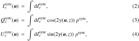 \begin{eqnarray} I^{\rm sync}_{\nu} (\mathrm{\vec{n}}) &=& \int \mathrm{d}I^{\rm sync}_{\nu}, \\ Q^{\rm sync}_{\nu} (\mathrm{\vec{n}}) &=& \int \mathrm{d}I^{\rm sync}_{\nu} \cos(2\gamma(\mathrm{\vec{n}},z)) \ p^{\rm sync}, \\ U^{\rm sync}_{\nu} (\mathrm{\vec{n}}) &=& \int \mathrm{d}I^{\rm sync}_{\nu} \sin(2\gamma(\mathrm{\vec{n}},z)) \ p^{\rm sync}, \end{eqnarray}