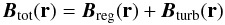 \begin{equation} \centering \vec{B}_{\rm tot} (\mathbf {r}) = \vec{B}_{\rm reg}(\mathbf {r}) + \vec{B}_{\rm turb}(\mathbf {r}) \end{equation}