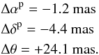 \begin{eqnarray*} &&\Delta \alpha^{\rm p}=-1.2~{\rm mas} \\ &&\Delta \delta^{\rm p}=-4.4~{\rm mas} \\ &&\Delta \theta=+24.1~{\rm mas}. \end{eqnarray*}