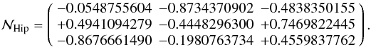 \begin{displaymath} \mathcal N_{\rm Hip}= \left( \begin{array}{rrr} -0.0548755604 & -0.8734370902 & -0.4838350155 \\ +0.4941094279 & -0.4448296300 & +0.7469822445 \\ -0.8676661490 & -0.1980763734 & +0.4559837762 \end{array} \right). \end{displaymath}