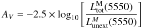 \begin{equation} \label{eqn:av} A_V=-2.5\times \log_{10}\left[\frac{L_{\rm tot}^{\rm M}(5550)}{L_{\rm unext}^M(5550)} \right] \end{equation}