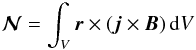 \begin{equation} \label{total_torque} \vec{\mathcal{N}} = \int_V \vec{r} \times (\vec{j}\times\vec{B}) \, \mathrm{d}V \end{equation}