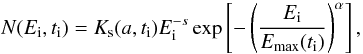\begin{equation} N(E\rs{i}, t\rs{i}) = K\rs{s}(a,t\rs{i})E\rs{i}^{-s}\exp \left[-\left(\frac{E\rs{i}}{E\rs{max}(t\rs{i})}\right)^{\alpha}\right], \end{equation}