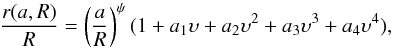 \appendix \setcounter{section}{1} \begin{equation} \frac{r(a,R)}{R} = \left(\frac{a}{R}\right)^{\psi} (1+a\rs{1}\upsilon+a\rs{2}\upsilon^2+a\rs{3}\upsilon^3+a\rs{4}\upsilon^4) , \label{approx} \end{equation}