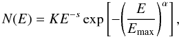 \begin{equation} N(E) = KE^{-s} \exp\left[ -{\left(\frac{E}{E\rs{max}}\right)^{\alpha}}\right], \label{el-distr} \end{equation}