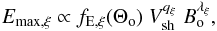 \begin{equation} E\rs{max,\xi} \propto f\rs{E,\xi}(\Theta\rs{o}) \; V\rs{sh}^{q\rs{\xi}} \; B\rs{o}^{\lambda\rs{\xi}}, \label{emax} \end{equation}