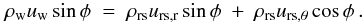 \begin{equation} \rho_{\mathrm{w}} u_{\mathrm{w}} \sin \phi \ = \ \rho_{\mathrm{rs}} u_{\mathrm{rs,r}} \sin \phi \ + \ \rho_{\mathrm{rs}} u_{\mathrm{rs,\theta}} \cos \phi \, . \label{eq:shjump1-2d} \end{equation}