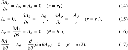\begin{eqnarray} \label{bc1r1}&&\frac{\pd A_r}{\pd r}= A_\theta=A_\phi=0 \quad (r=r_1), \\ \label{bc1r2}&&A_r=0, \quad \frac{\pd A_{\theta}}{\pd r}=-\frac{A_{\theta}}{r}, \quad \frac{\pd A_{\phi}}{\pd r}=-\frac{A_{\phi}}{r} \quad (r=r_3), \\ \label{bc1t1}&&A_r=\frac{\pd A_\theta}{\pd\theta}=A_\phi=0 \quad (\theta=\theta_1), \\ \label{bc1t2}&&\frac{\pd A_r}{\pd \theta}= A_\theta = \frac{\pd}{\pd\theta}(\sin\theta A_\phi)=0 \quad (\theta=\pi/2). \end{eqnarray}