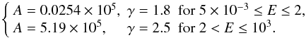 $$ \left\{\begin{array}{lll} A = 0.0254\times10^{5},\;\gamma = 1.8 & {\rm for}\;5\times10^{-3} \leq E \leq 2, \\ A = 5.19\times10^{5},\;\;\;\;\,\gamma = 2.5 & {\rm for}\;2 < E \leq 10^{3}. \end{array}\right. $$
