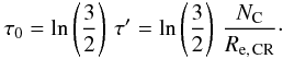 \begin{eqnarray} \label{timeConstantELECTRON_eq} \tau_{\rm 0} = \ln\left(\frac{3}{2}\right)\,\tau' = \ln\left(\frac{3}{2}\right)\,\frac{N_{\rm C}}{R_{\rm e,\,CR}}\cdot \end{eqnarray}