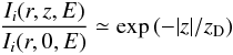 \begin{eqnarray} \label{latGrad_eq} \frac{I_{i}(r, z, E)}{I_{i}(r, 0, E)} \simeq \exp\left(-|z|/z_{\rm D}\right) \end{eqnarray}