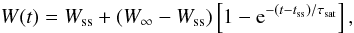 \begin{equation} \label{saturation} \displaystyle W(t)=W_{\mathrm{ss}}+(W_{\infty}-W_{\mathrm{ss}})\left[1-{\rm e}^{-(t-t_{\mathrm{ss}})/\tau_{\mathrm{sat}}}\right], \end{equation}