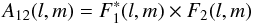 \begin{equation} \label{eqn:baselinebeam} A_{12}(l, m) = F^*_1(l, m)\times F_2(l, m) \end{equation}