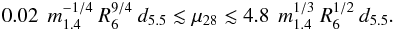 \begin{equation} 0.02\: \: m_{1.4}^{-1/4}\: R_{6}^{9/4}\: d_{5.5} \lesssim \mu_{28} \lesssim 4.8 \:\: m_{1.4}^{1/3}\: R_{6}^{1/2}\: d_{5.5}. \end{equation}