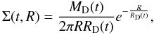 \begin{equation} \Sigma (t,R) = \frac{M_{\rm D}(t)}{2\pi R R_{\rm D}(t)}e^{-\frac{R}{R_{\rm D}(t)}}, \label{Sigmaprofile} \end{equation}