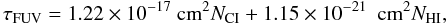 \begin{equation} \tau_{\rm FUV}={1.22\times 10^{-17}{\rm~cm^2}}N_{\rm CI}+ {1.15\times 10^{-21}~{\rm~cm^2}}N_{\rm HI} , \label{tauf} \end{equation}