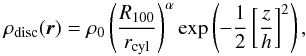 \begin{equation} \rho_\disc(\vec{r})= \rho_0 \left( \frac{R_{100}}{\rcyl} \right)^\alpha \exp \left(-\frac{1}{2}\left[ \frac{z}{h}\right]^2 \right), \label{eqdiscden} \end{equation}
