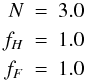 \begin{eqnarray} \nonumber\label{poli.param} N&=&3.0\\ f_H&=&1.0\\\nonumber f_F&=&1.0 \end{eqnarray}