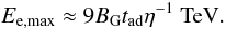 \begin{equation} E_\mathrm{e,max}\approx9 B_\mathrm{G} t_\mathrm{ad} \eta^{-1}\ \mbox{TeV}. \label{eq:ademax} \end{equation}