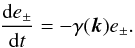 \begin{equation} \frac{{\rm d} e_{\pm}}{{\rm d}t}=-\gamma(\vec{k}) e_{\pm}. \end{equation}
