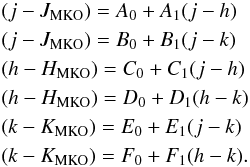 \appendix \setcounter{section}{1} \begin{eqnarray} \label{equatnics} &&{(j-J_{\rm MKO})={ A_0+A_1}(j-h)}\nonumber \\ &&{(j-J_{\rm MKO})={ B_0+B_1}(j-k)}\nonumber \\ &&{(h-H_{\rm MKO})={ C_0+C_1}(j-h)}\nonumber \\ &&{(h-H_{\rm MKO})={ D_0+D_1}(h-k)}\nonumber \\ &&{(k-K_{\rm MKO})={ E_0+E_1}(j-k)}\nonumber \\ &&{(k-K_{\rm MKO})={ F_0+F_1}(h-k)}. \end{eqnarray}