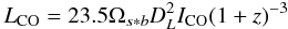 \begin{equation} L_{\mathrm{CO}} = 23.5 \Omega_{s\ast b} D_L^2 I_{\mathrm{CO}} (1 + z)^{-3} \label{eq:solomon} \end{equation}