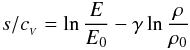 \appendix \setcounter{section}{1} \begin{equation} s/\cv = \ln{\frac{E}{E_0}} - \gamma \ln{\frac{\rho}{\rho_0}} \end{equation}